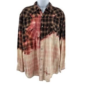 Rock River Trading Brown Peach Plaid Tye Dye Cotton Soft Flannel Shirt M